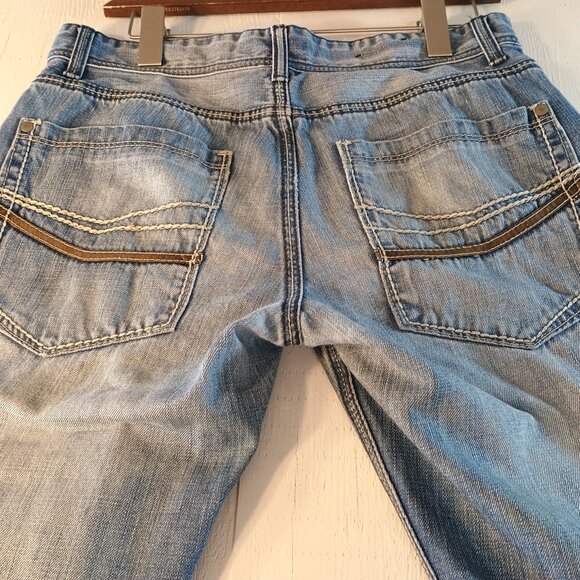 INC Berlin Men 30x30 Blue Jean 5-Pocket 100% Cotton Patched Washed Wide Leg Embr - Picture 6 of 8